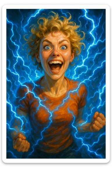 a woman with short curly blonde hair, blue eyes, and blue electricity surrounding her, dynamic and energetic expression sticker