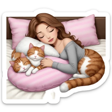 girl with long wavy brown hair, brown eyes, long lashes makeup, sexy pink lips, light to medium complexion,  sleeping on a cozy pillow, with 6 cats: 1 brown and white tabby cat, 1 ginger and white, 2 grey and white, 1 grey with white mittens and small white patch on chest and 1 calico, sleeping sticker