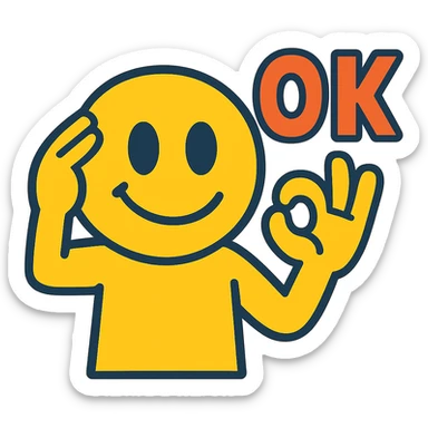 smiley character brings hand to temple then quickly moves it away, with text 'OK' sticker
