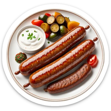 Cinematic Realistic image of a long, sausage-shaped Turkish Köfte, rendered with richly spiced meat textures and subtle grill marks, artfully arranged on a traditional Turkish ceramic plate alongside classic sides such as a serving of aromatic pilaf, crisp grilled vegetables, and a dollop of creamy yogurt, all bathed in warm, appetizing lighting that emphasizes its savory allure. sticker
