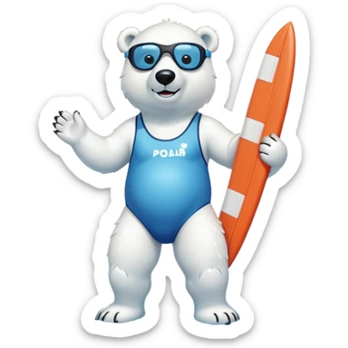 full body friendly anthropomorphised polar bear wearing swim suit with board shorts below the knee and scuba goggles, holding a life buoy, standing in a puddle sticker