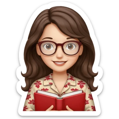 Миловидная девушка брюнетка с длинными  волосами на которых легка волна. карими глазами. В очках и в пижаме с книгой. Картинка должна были в цветах: бежевый, бледно красный, коричневый, белый sticker