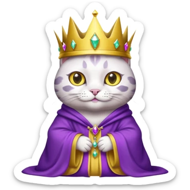 A wizard king cat that is mostly white with black spots and yellow eyes sticker