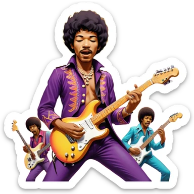 Icon for Rock Music: Jimi Hendrix playing his iconic guitar on stage, surrounded by his band. The design should capture the electrifying energy of his performance with vibrant lighting, swirling colors, and musical intensity. Transparent background. sticker