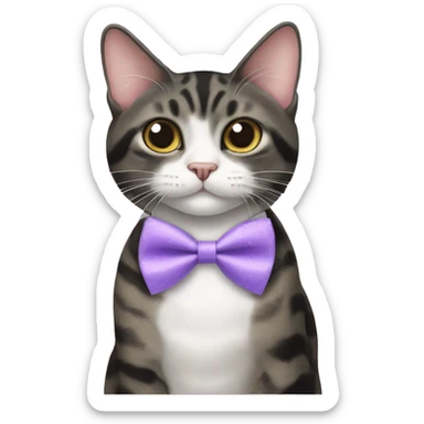 black mackerel tabby cat with a lavender bowtie sticker