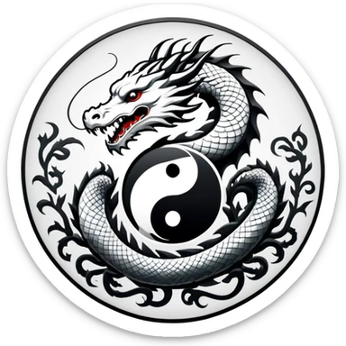 An icon symbolizing Eastern martial arts in the style of an emblem, featuring a black-and-white Yin-Yang symbol and a dragon at the center, surrounded by elements like a dojo. Transparent background highlights balance and power. sticker