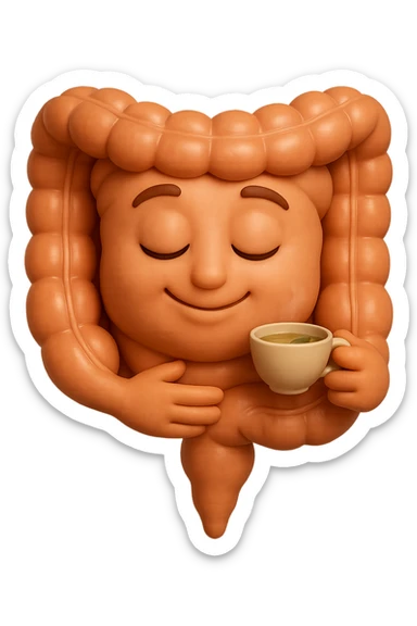 emoji stile iphone 3d di intestino umano sereno che si tocca la pancia mentre sorseggia un thè alle erbe, iperrealistico 4k sticker