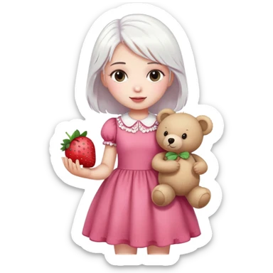 girl with white hair holding a strawberry wearing a pink dress holding a teddy bear sticker