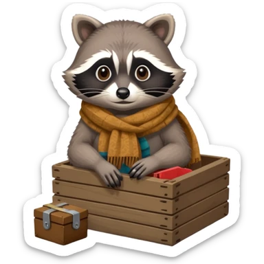 A raccoon with worn-out scarf, sitting next to a tiny box of collected belongings, staring curiously with round sad eyes.
 sticker