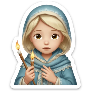 A small girl in a worn winter dress and shawl, holding a glowing matchstick close to her face, eyes wide with soft hope.
 sticker