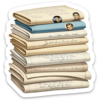 Icon for Autograph Collecting: several vintage framed with signatures of famous celebrities sheets stacked one on top of the other, each . The icon should evoke the charm and history of collecting autographs. Transparent background. sticker