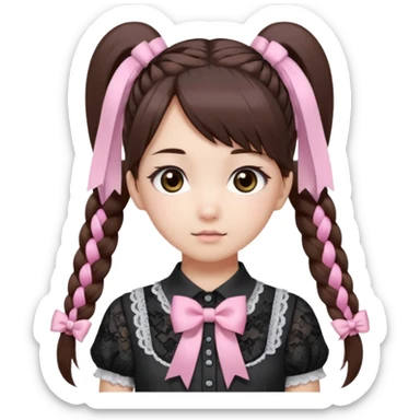 jirai kei, девушка с длинными прямыми темно каштановыми волосами и несколько розовых прядей по всей голове в разных местах, прическа два высоких хвоста заплетённые пушистыми белыми резинками. милое лицо. серо-розовая рубашка и чёрный бант, много кружев чёрного цвета sticker