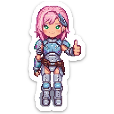 cyborg girl with pink hair giving a thumbs up, pixel art style, detailed armor sticker