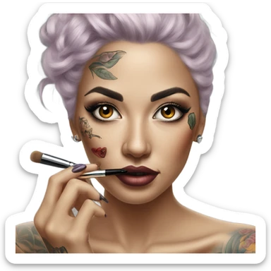 Hyper Realistic Beautiful tattooed woman applying her makeup sticker