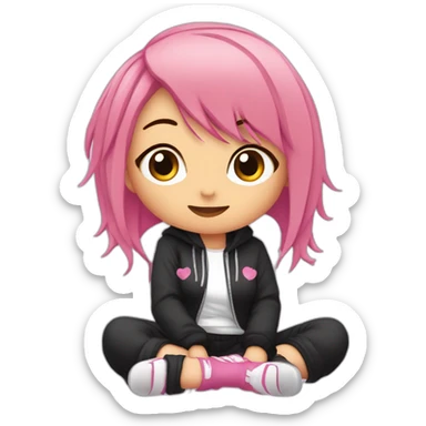full body Front view curvy emo girl pink hair sits on the floor straight view hands up черная юбка белые трусики рваные полосатые чулки sticker