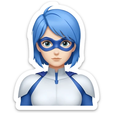 Close-up emoji of a friendly woman with blue hair (no mask), wearing a minimalist blue and white superhero suit with broad shoulders. The suit has a large blank area on the chest for a logo, uses only blue and white colors, and has minimal details.  sticker