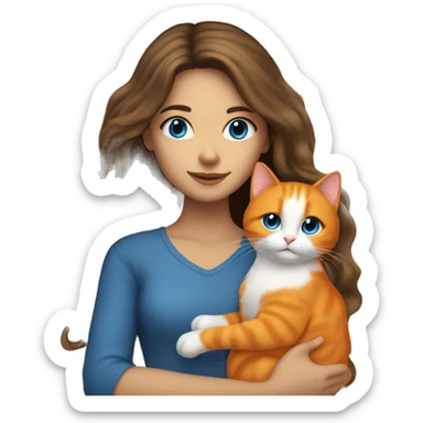 long haired brunette girl with blue eyes holding orange cat sticker