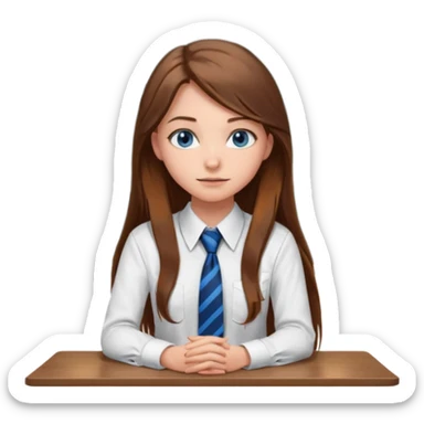 high school class room with a pretty female high school student with long brown hair, blue eyes, wearing a tie, sitting in front of the blackboard sticker