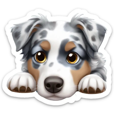 Blue Merle Australian shepherd puppy lying down with one blue and one brown eye   sticker