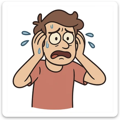 a person looking stressed, with sweat drops and a worried expression, cartoon style sticker