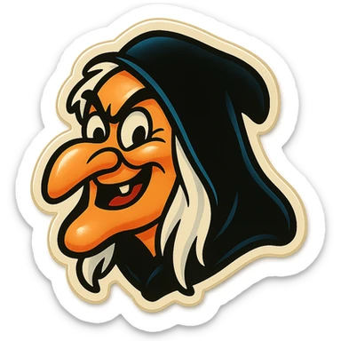 classic cartoon witch emoji with black hood, wild white hair, exaggerated nose, mischievous grin, vintage animation style sticker