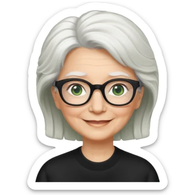 White hair grandma, green eyes, hair to shoulder, lokeg black glasses, rectangles face, smile , sticker