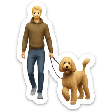 Golden doodle with blonde guy walking sticker