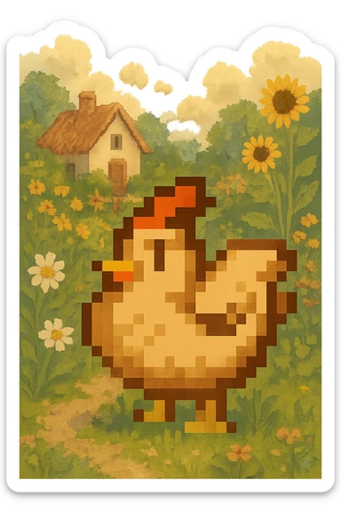 Using a transparent background, re-imagine this pixelated chicken in a cottage core setting sticker