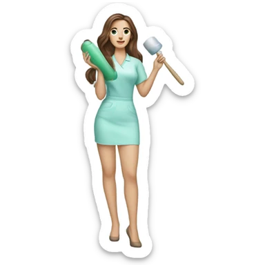 Brown haired esthetician with hair down wearing light blue holding jade roller sticker