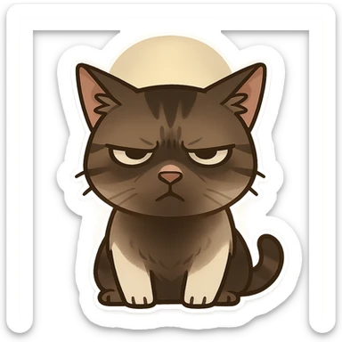 A cat with an impatient expression, frowning and squinting eyes. The light from above is shining vertically, and the face is in the shadow, making the cat's face more serious. sticker