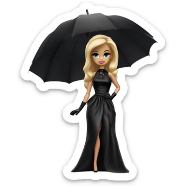 Stunning in the Spotlight Barbie, blonde teen Enid Sinclair ,drying tears, show full body,accessories  gloves, funeral veil,covering face holding umbrella  sticker