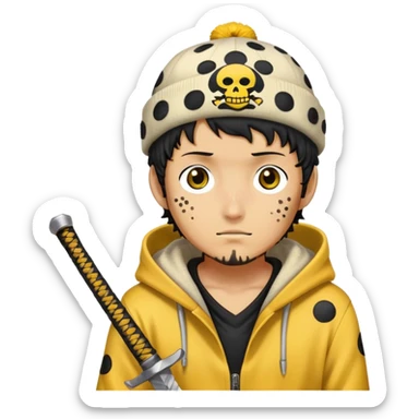Trafalgar Law with spotted hat, yellow hoodie, nodachi sword sticker