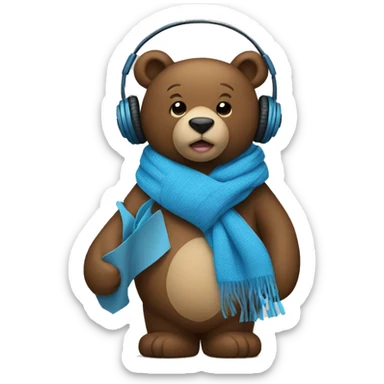 Bear holding a blue heart with a scarf and headphones on sticker