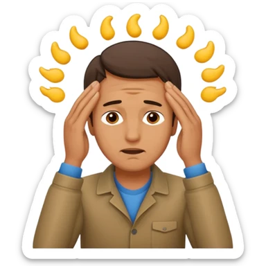 An overwhelmed man touching his forehead with his hands. sticker