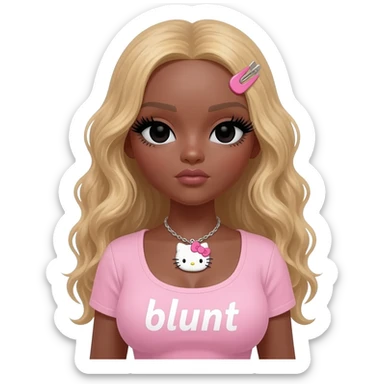 Long giant lashes, my melody hairclip, Doll faced shaped, hello kitty necklace, bimbo, black doll eyes, barbie, dark brown skin with long curly blonde hair, light pink bimbo shirt says "blunt" , big breast sticker