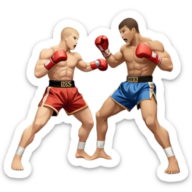An icon symbolizing kickboxing, featuring two fighters in the midst of an intense match. One throws a powerful roundhouse kick, while the other counters with a punch. The background shows a ring, with ropes and a cheering crowd. Transparent background highlights the action and strength sticker