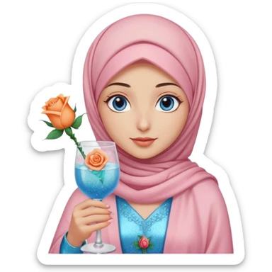 Turkish beautiful finish Konya girl blue eyes with light pink hijab islamic dress and had on her hand Glittery rose mocktail with orange light pink roses sticker