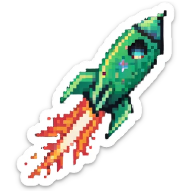 green to red gradient rocket flying diagonally to the upper right corner, with pixel art flame trail sticker