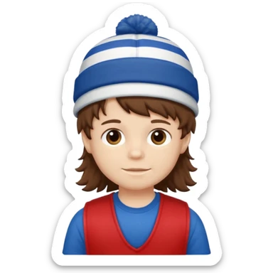 brown fluffy hair kid with blue and white hat dark blue jilet red t shirt sticker