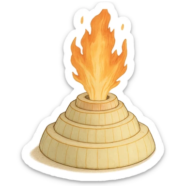 ghibli style illustration of a sliced onion volcano with fire erupting from the top sticker