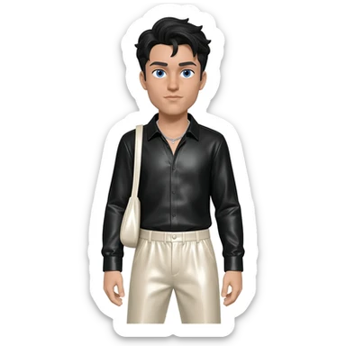 Ehren McGhehey with blue eyes, black hair, black metallic shirt, light ivory metallic baggy pants, silver necklace sticker