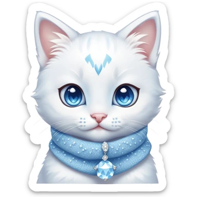 A snowy white kitten with icy blue eyes, wearing a tiny knit scarf, surrounded by crystals and frosty sparkles. sticker