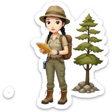 A braid black hair backpacking woman checking her map with curious eyes while walking wear camping hat and dirt covered boots full body sticker
