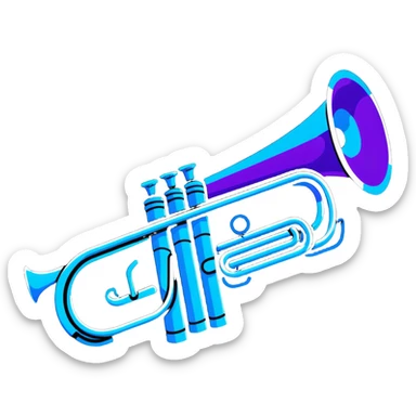 trumpet horn with neon glow effect, blue neon glow on top left, purple neon glow on bottom right sticker