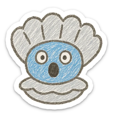 Cute oyster with a surprised expression featuring wide open eyes and mouth in an O shape, in a children doodle style, transparent background. sticker