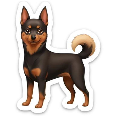 Doberman Pinscher and Pomeranian Spitz standing side by side. The Doberman has a sleek black and tan coat with alert ears, while the Pomeranian has a fluffy orange coat and a joyful expression. Beautiful natural background, with a clear blue sky and green grass. Transparent background. sticker