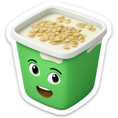 a green square yogurt pot with oats inside sticker