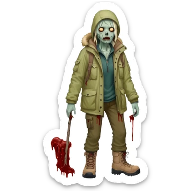 Local alaskan who has turned it zombies in the style of the walking dead, with rotting flesh and dripping blood but distinctively Alaskan. In the style of your bleeding skull art but Alaskan zombie. Full body sticker