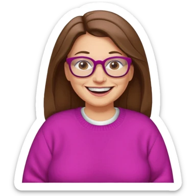 50 yr Caucasian woman, long brown hair parted on side, brown eyes, glasses, big smile, white teeth, fuscia sweater, chubby sticker