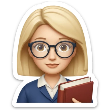 Apple Memoji-style 3D emoji of a librarian wearing glasses holding a book, clean gradients, rounded shapes, no background. sticker